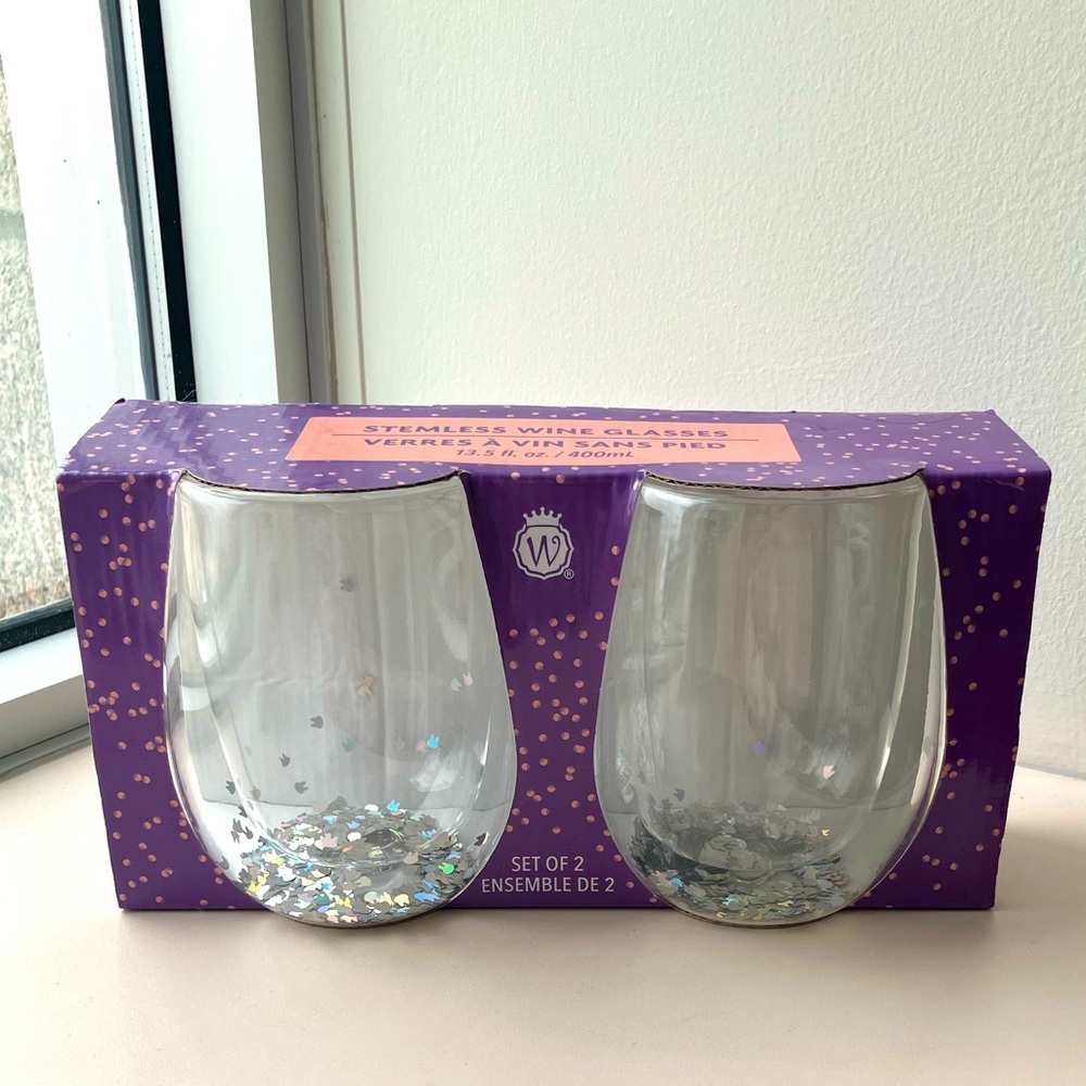 Stemless Wine Glasses with Multicoloured Bunny Glitters - Set of 2